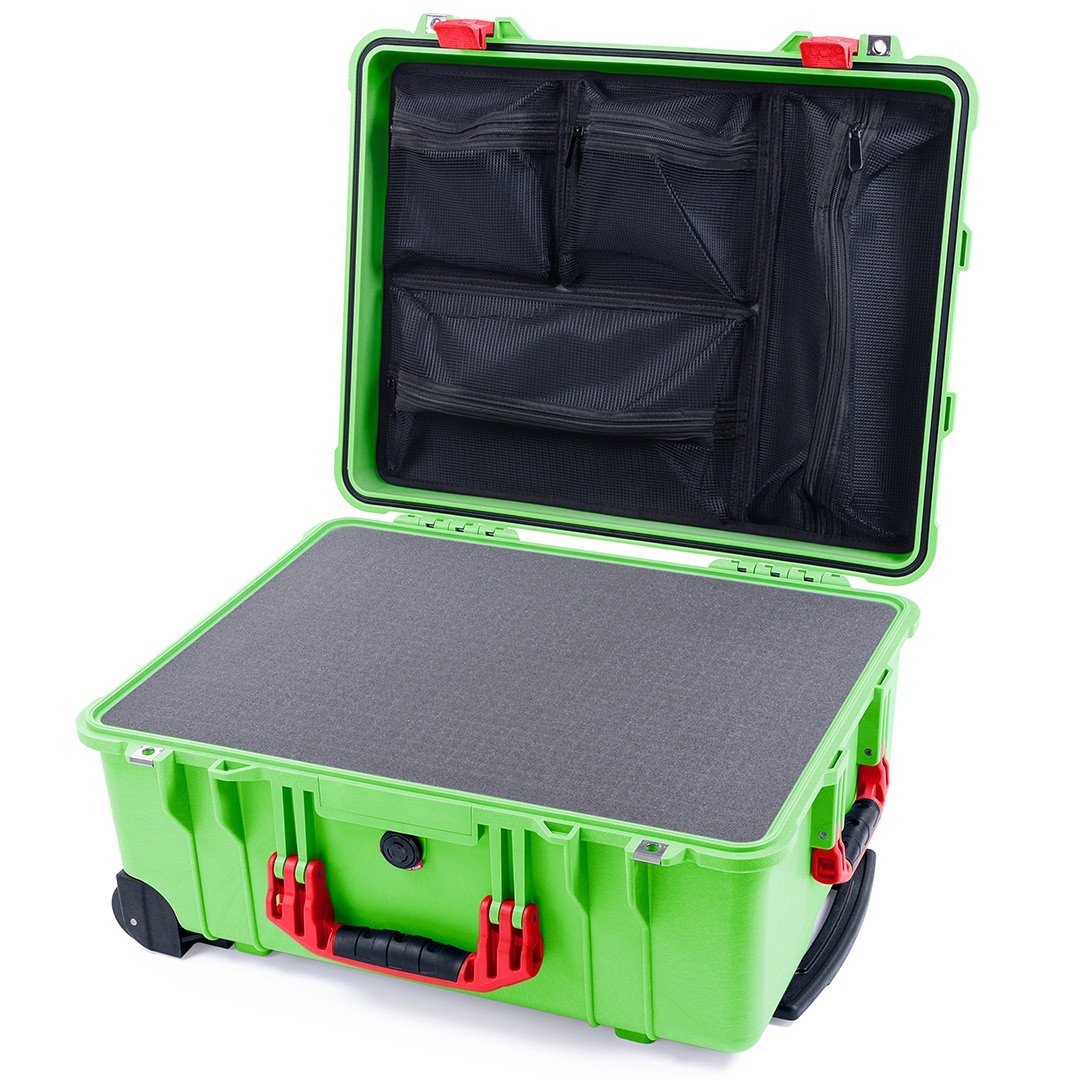 Pelican 1560 Case, Lime Green with Red Handles &amp; Latches Pick &amp; Pluck Foam with Mesh Lid Organizer ColorCase 015600-0101-300-320