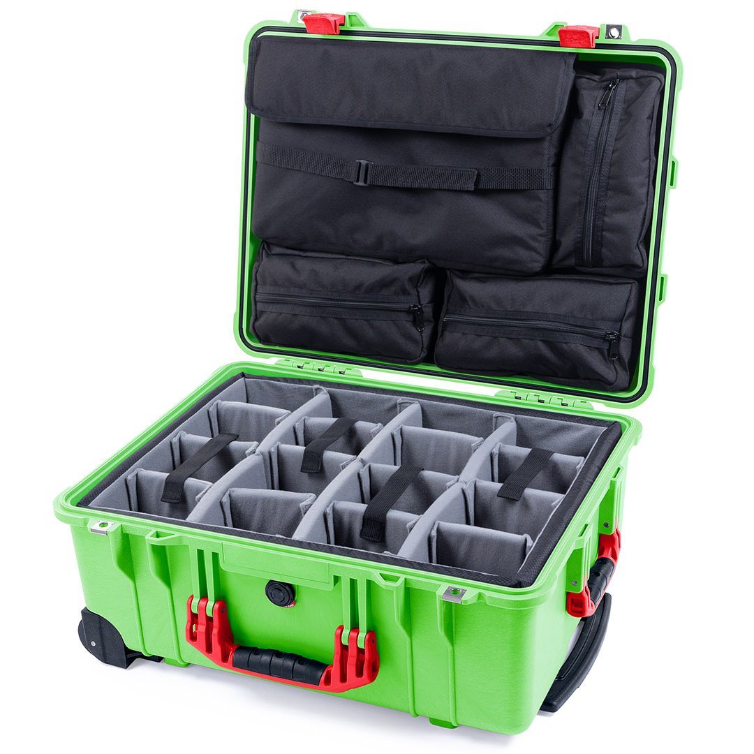 Pelican 1560 Case, Lime Green with Red Handles &amp; Latches Gray Padded Microfiber Dividers with Computer Pouch ColorCase 015600-0270-300-320