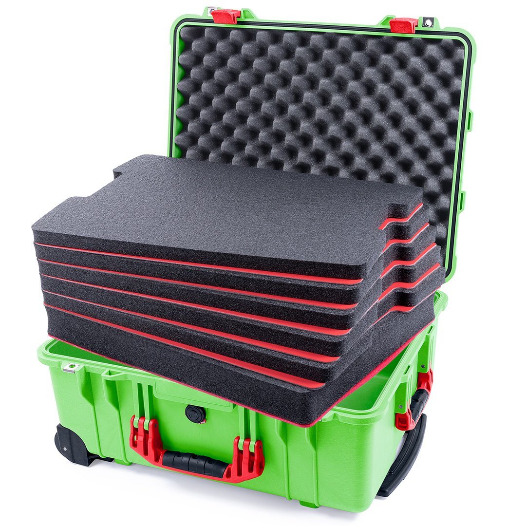 Pelican 1560 Case, Lime Green with Red Handles &amp; Latches Custom Tool Kit (6 Foam Inserts with Convolute Lid Foam) ColorCase 015600-0060-300-320