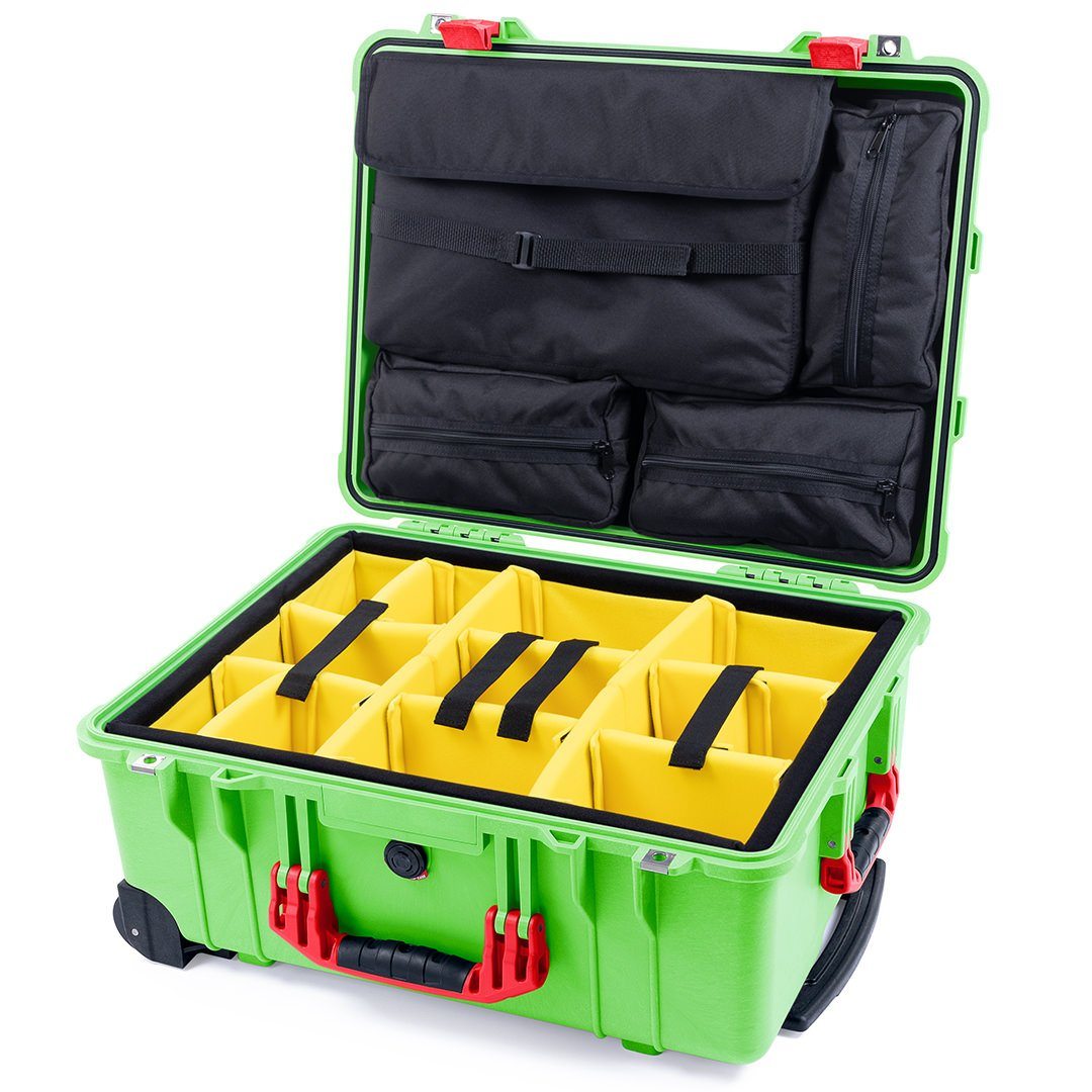 Pelican 1560 Case, Lime Green with Red Handles &amp; Latches Yellow Padded Microfiber Dividers with Computer Pouch ColorCase 015600-0210-300-320