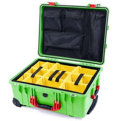 Pelican 1560 Case, Lime Green with Red Handles & Latches Yellow Padded Microfiber Dividers with Mesh Lid Organizer ColorCase 015600-0110-300-320