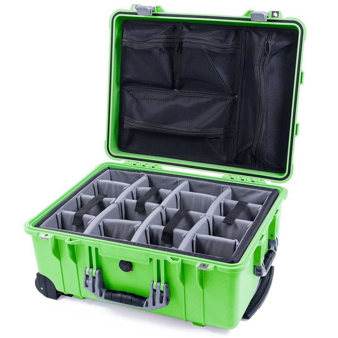 Pelican 1560 Case, Lime Green with Silver Handles &amp; Latches Gray Padded Microfiber Dividers with Mesh Lid Organizer ColorCase 015600-0170-300-180