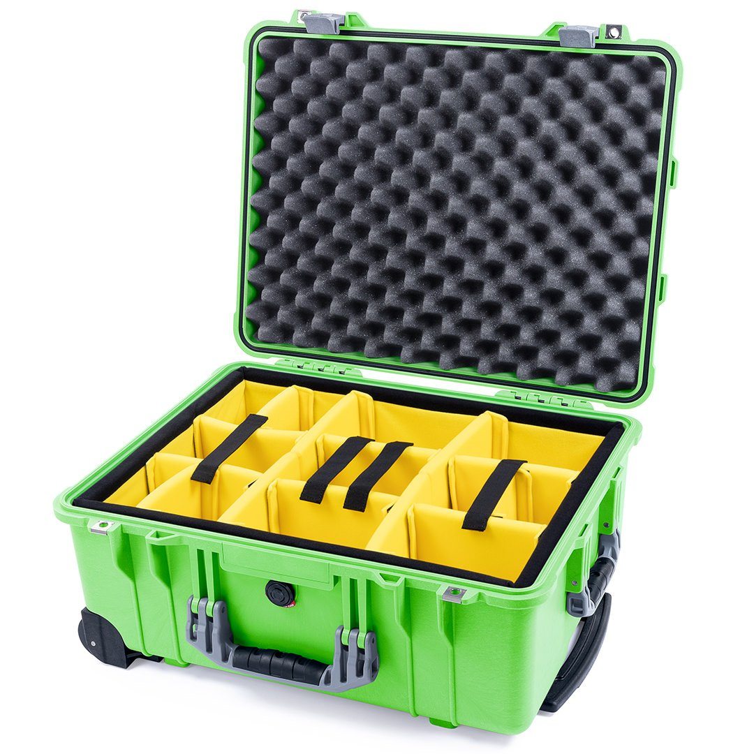 Pelican 1560 Case, Lime Green with Silver Handles &amp; Latches Yellow Padded Microfiber Dividers with Convolute Lid Foam ColorCase 015600-0010-300-180