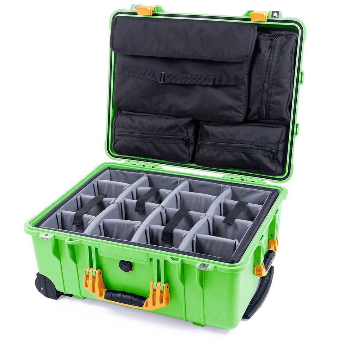 Pelican 1560 Case, Lime Green with Yellow Handles &amp; Latches Gray Padded Microfiber Dividers with Computer Pouch ColorCase 015600-0270-300-240