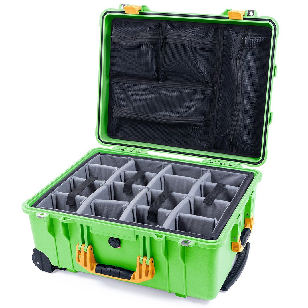 Pelican 1560 Case, Lime Green with Yellow Handles &amp; Latches Gray Padded Microfiber Dividers with Mesh Lid Organizer ColorCase 015600-0170-300-240