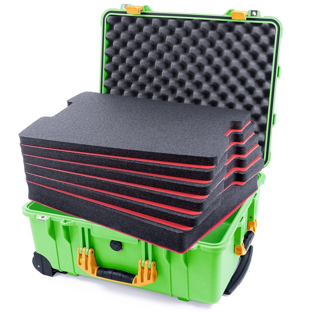 Pelican 1560 Case, Lime Green with Yellow Handles &amp; Latches Custom Tool Kit (6 Foam Inserts with Convolute Lid Foam) ColorCase 015600-0060-300-240