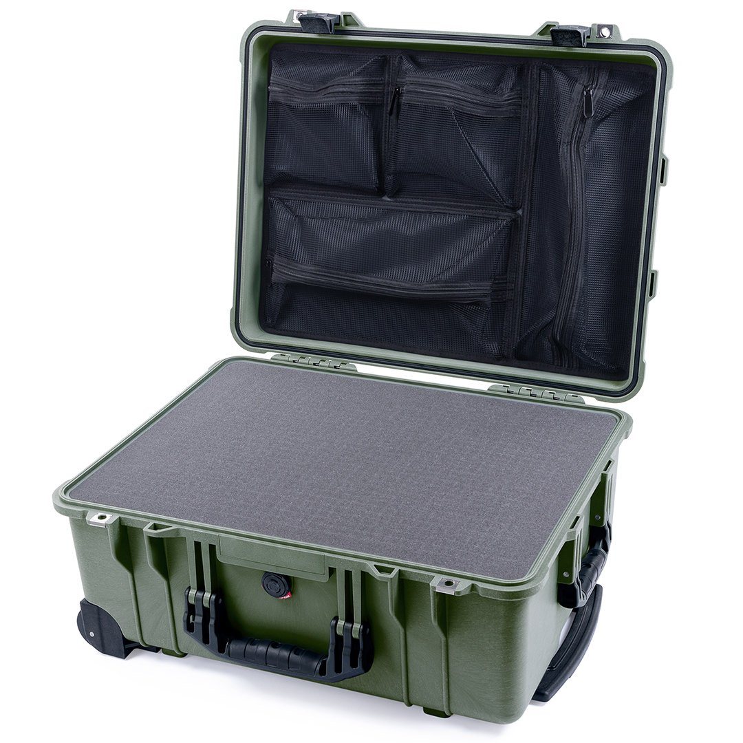Pelican 1560 Case, OD Green with Black Handles &amp; Latches Pick &amp; Pluck Foam with Mesh Lid Organizer ColorCase 015600-0101-130-110