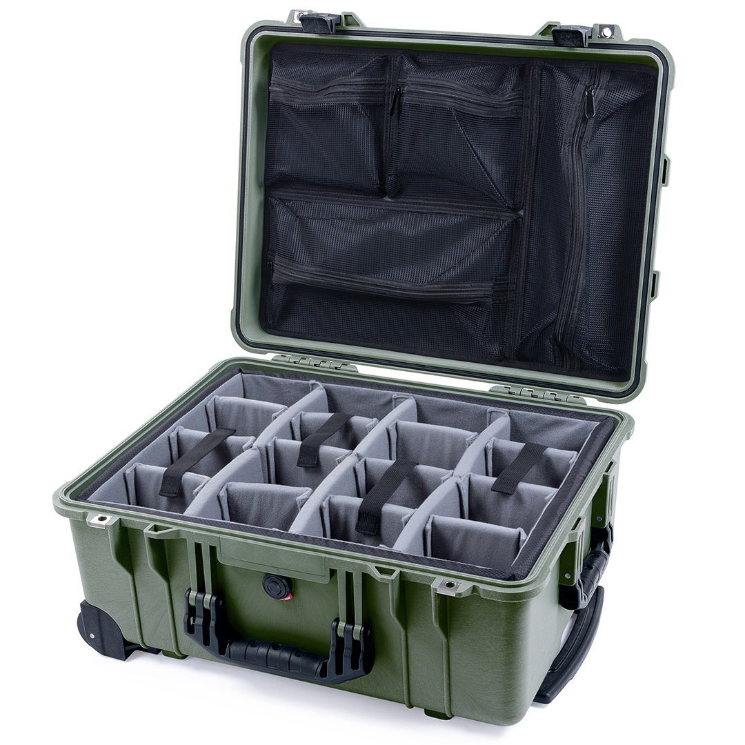 Pelican 1560 Case, OD Green with Black Handles &amp; Latches Gray Padded Microfiber Dividers with Mesh Lid Organizer ColorCase 015600-0170-130-110