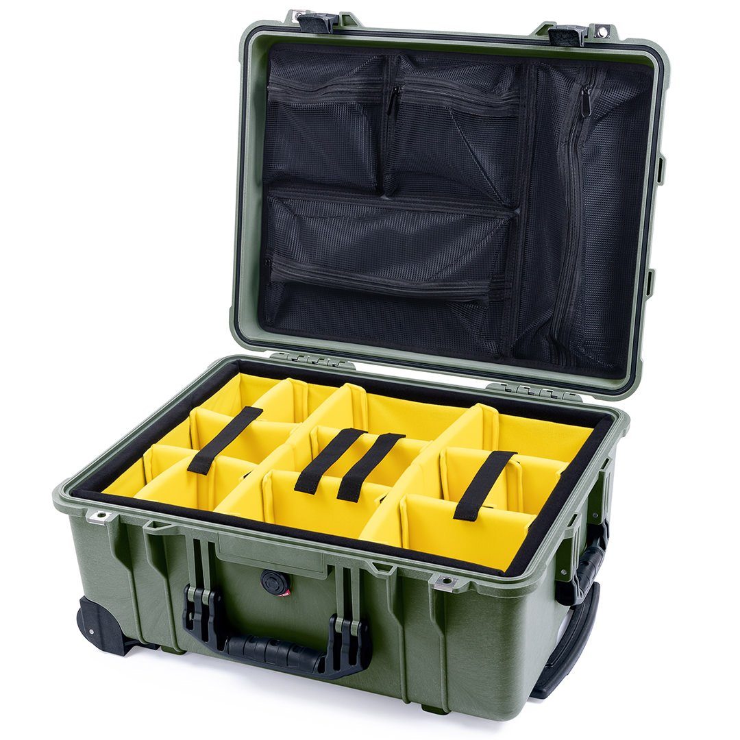 Pelican 1560 Case, OD Green with Black Handles &amp; Latches Yellow Padded Microfiber Dividers with Mesh Lid Organizer ColorCase 015600-0110-130-110
