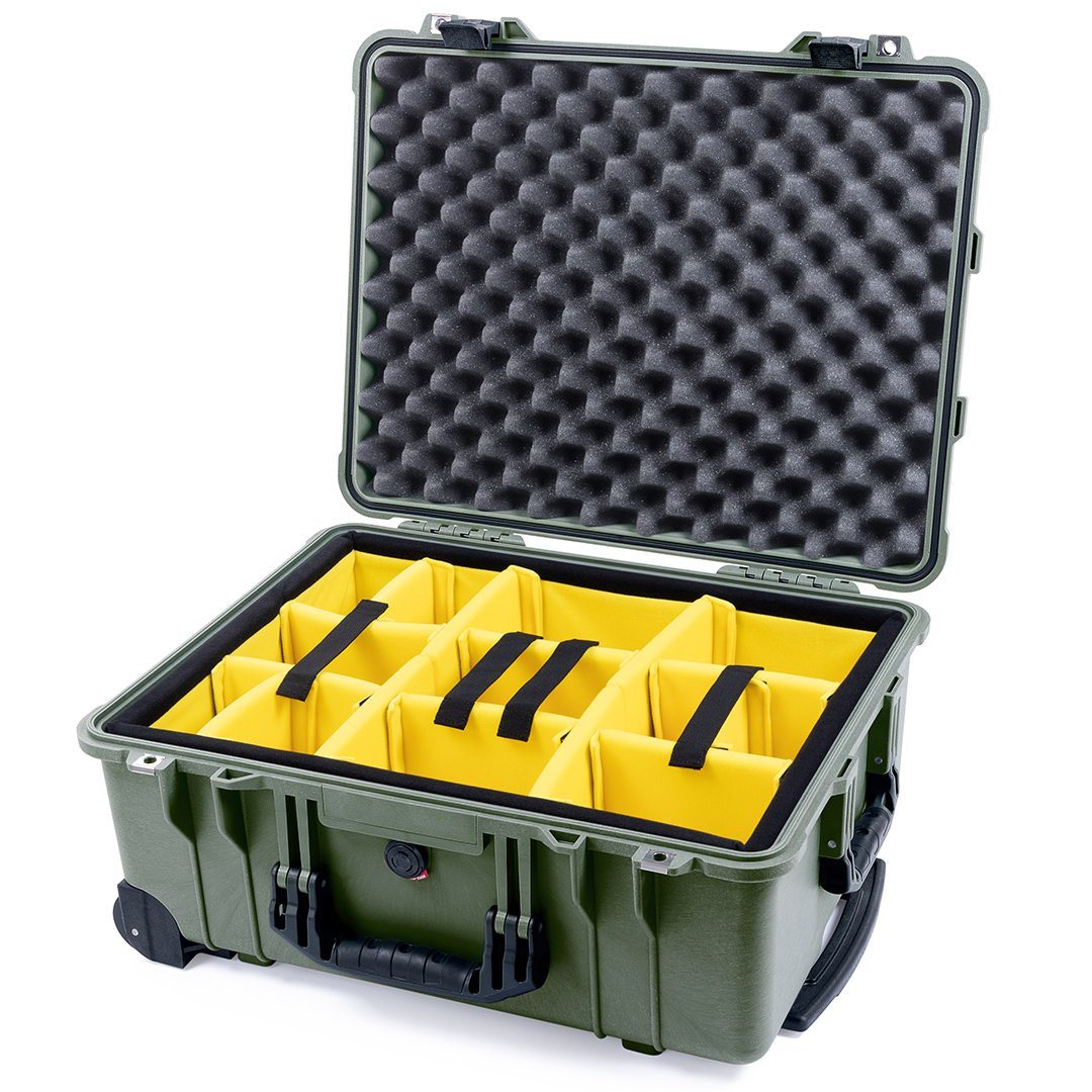 Pelican 1560 Case, OD Green with Black Handles &amp; Latches Yellow Padded Microfiber Dividers with Convolute Lid Foam ColorCase 015600-0010-130-110