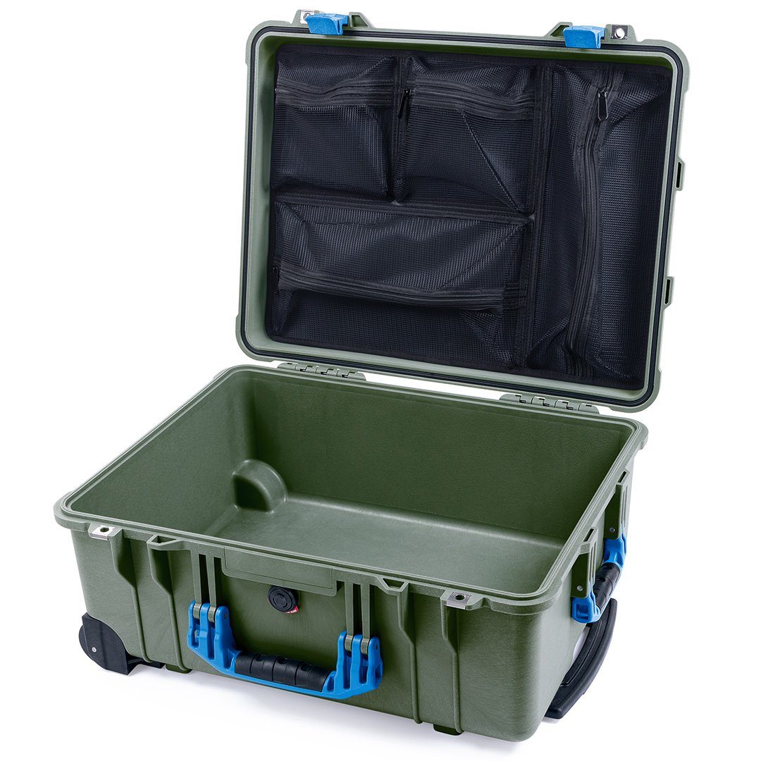 Pelican 1560 Case, OD Green with Blue Handles &amp; Latches Mesh Lid Organizer Only ColorCase 015600-0100-130-120