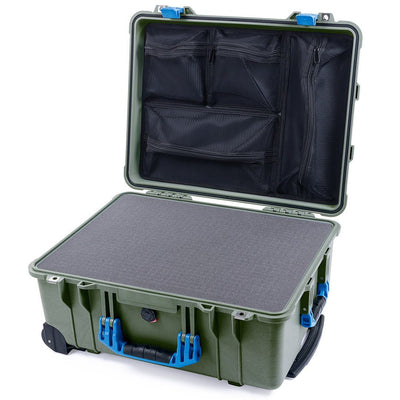Pelican 1560 Case, OD Green with Blue Handles & Latches Pick & Pluck Foam with Mesh Lid Organizer ColorCase 015600-0101-130-120