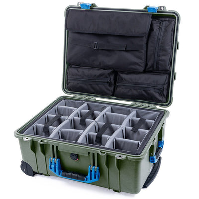 Pelican 1560 Case, OD Green with Blue Handles & Latches Gray Padded Microfiber Dividers with Computer Pouch ColorCase 015600-0270-130-120
