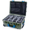 Pelican 1560 Case, OD Green with Blue Handles & Latches Gray Padded Microfiber Dividers with Mesh Lid Organizer ColorCase 015600-0170-130-120
