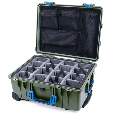 Pelican 1560 Case, OD Green with Blue Handles & Latches Gray Padded Microfiber Dividers with Mesh Lid Organizer ColorCase 015600-0170-130-120