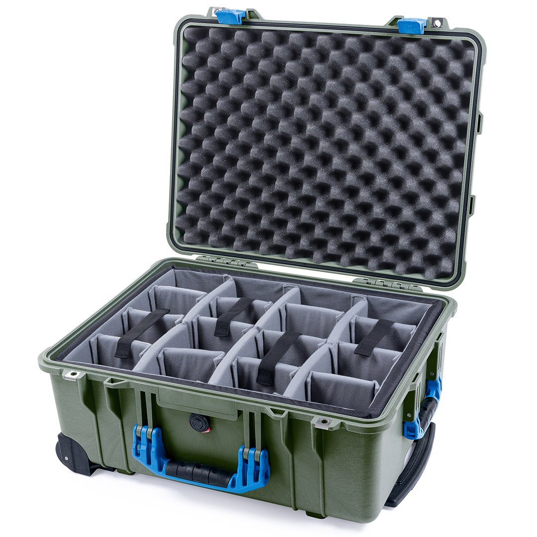 Pelican 1560 Case, OD Green with Blue Handles &amp; Latches Gray Padded Microfiber Dividers with Convolute Lid Foam ColorCase 015600-0070-130-120
