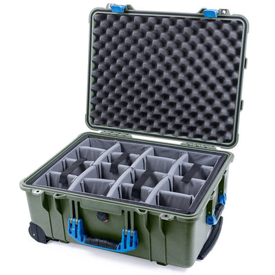 Pelican 1560 Case, OD Green with Blue Handles & Latches Gray Padded Microfiber Dividers with Convolute Lid Foam ColorCase 015600-0070-130-120