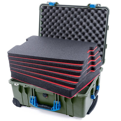 Pelican 1560 Case, OD Green with Blue Handles & Latches Custom Tool Kit (6 Foam Inserts with Convolute Lid Foam) ColorCase 015600-0060-130-120