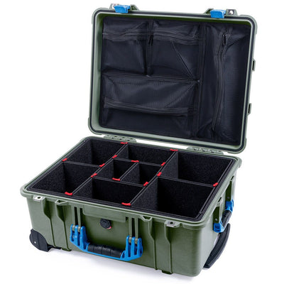 Pelican 1560 Case, OD Green with Blue Handles & Latches TrekPak Divider System with Mesh Lid Organizer ColorCase 015600-0120-130-120