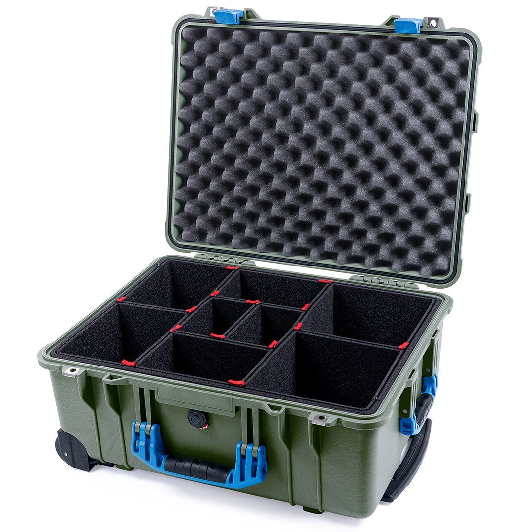 Pelican 1560 Case, OD Green with Blue Handles &amp; Latches TrekPak Divider System with Convolute Lid Foam ColorCase 015600-0020-130-120