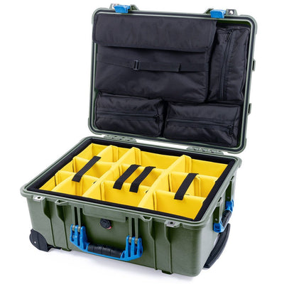 Pelican 1560 Case, OD Green with Blue Handles & Latches Yellow Padded Microfiber Dividers with Computer Pouch ColorCase 015600-0210-130-120