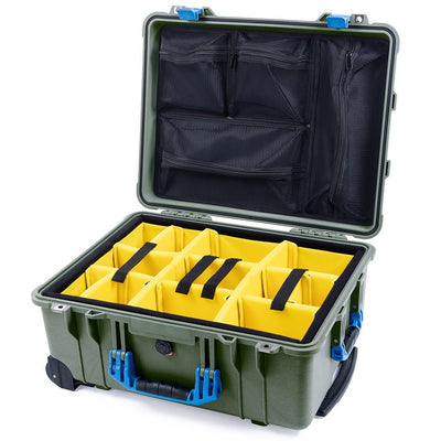 Pelican 1560 Case, OD Green with Blue Handles & Latches Yellow Padded Microfiber Dividers with Mesh Lid Organizer ColorCase 015600-0110-130-120