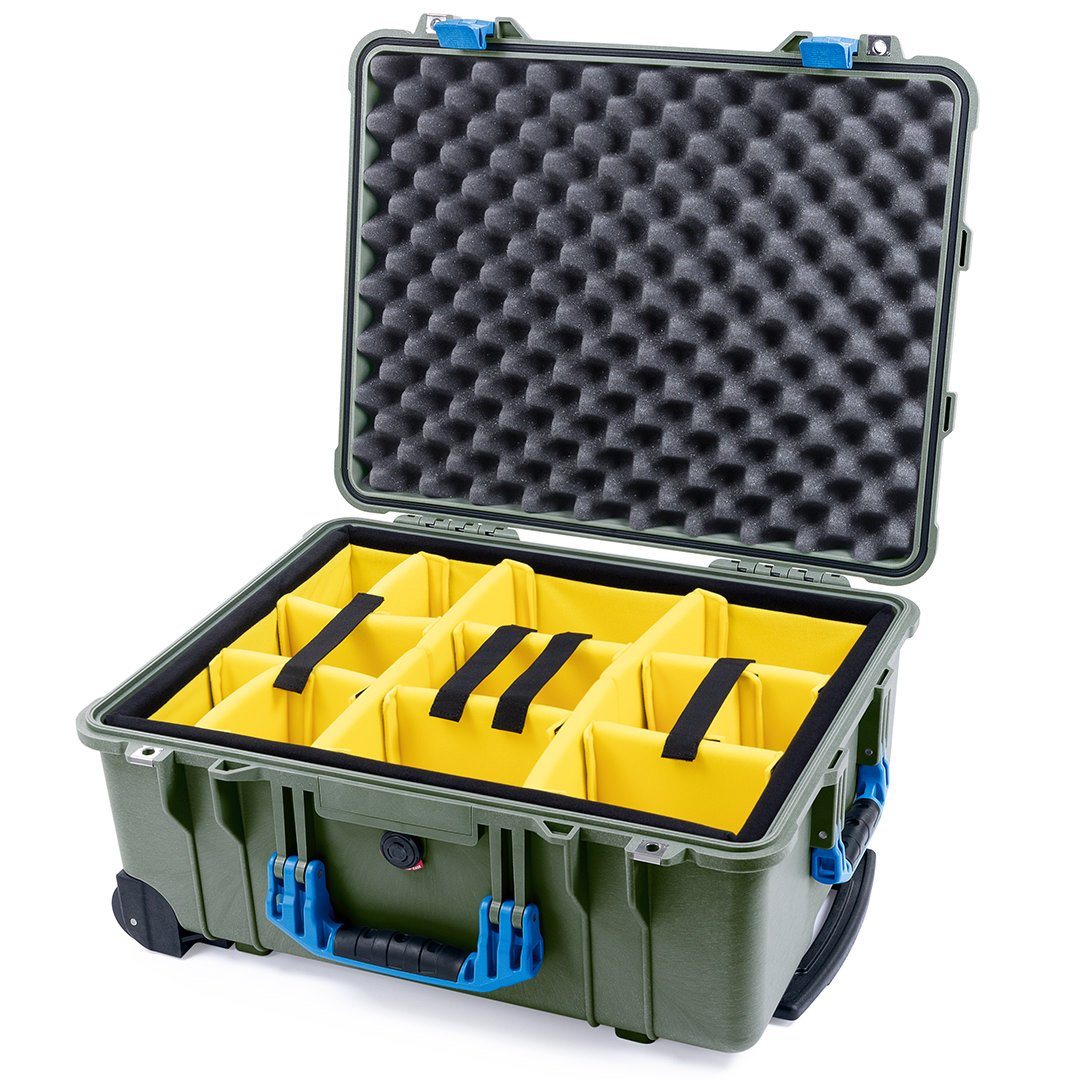 Pelican 1560 Case, OD Green with Blue Handles &amp; Latches Yellow Padded Microfiber Dividers with Convolute Lid Foam ColorCase 015600-0010-130-120
