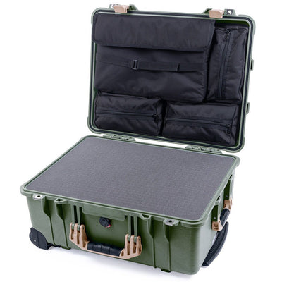 Pelican 1560 Case, OD Green with Desert Tan Handles & Latches Pick & Pluck Foam with Computer Pouch ColorCase 015600-0201-130-310