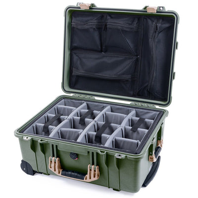 Pelican 1560 Case, OD Green with Desert Tan Handles & Latches Gray Padded Microfiber Dividers with Mesh Lid Organizer ColorCase 015600-0170-130-310