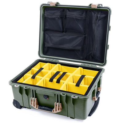 Pelican 1560 Case, OD Green with Desert Tan Handles & Latches Yellow Padded Microfiber Dividers with Mesh Lid Organizer ColorCase 015600-0110-130-310