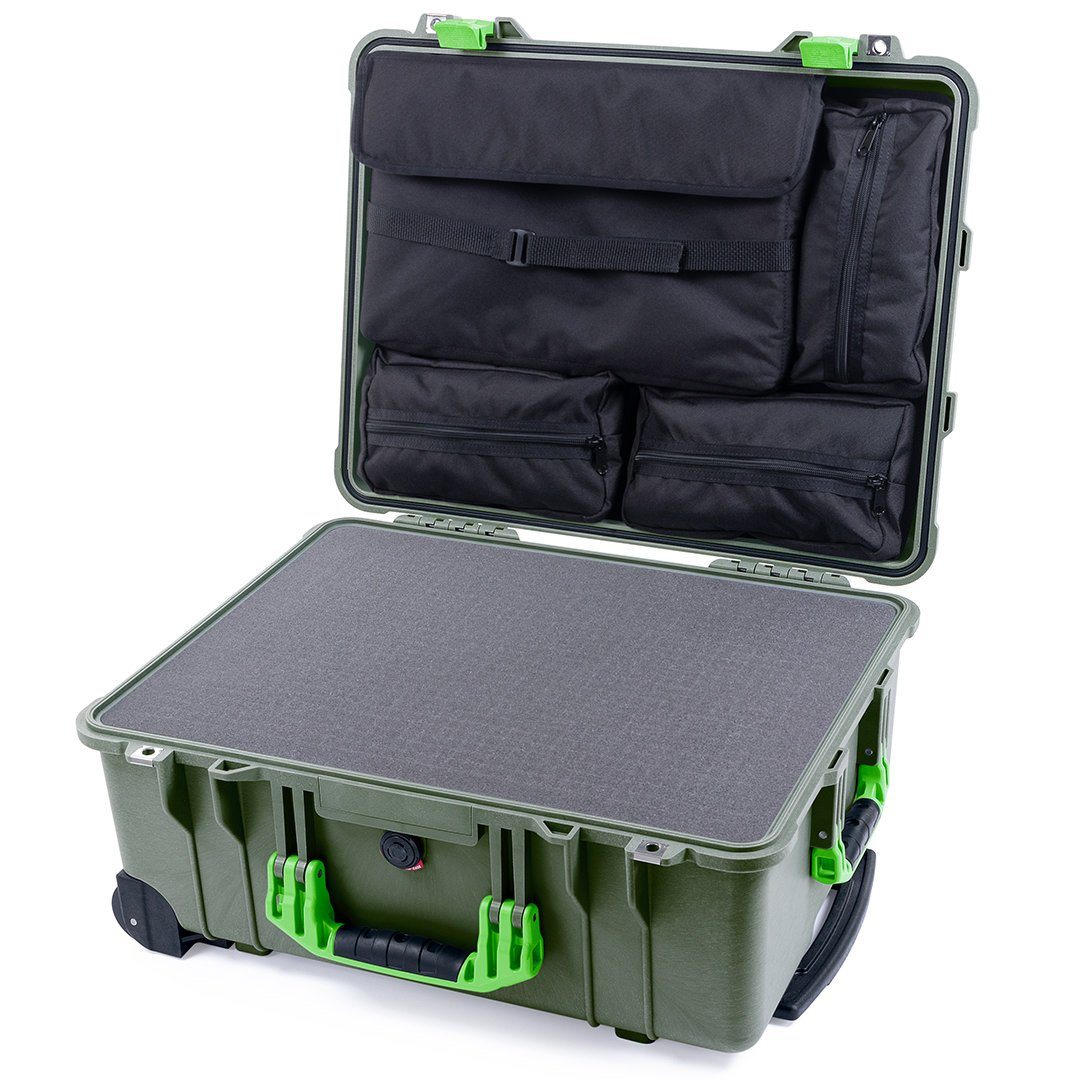 Pelican 1560 Case, OD Green with Lime Green Handles & Latches Pick & Pluck Foam with Computer Pouch ColorCase 015600-0201-130-300