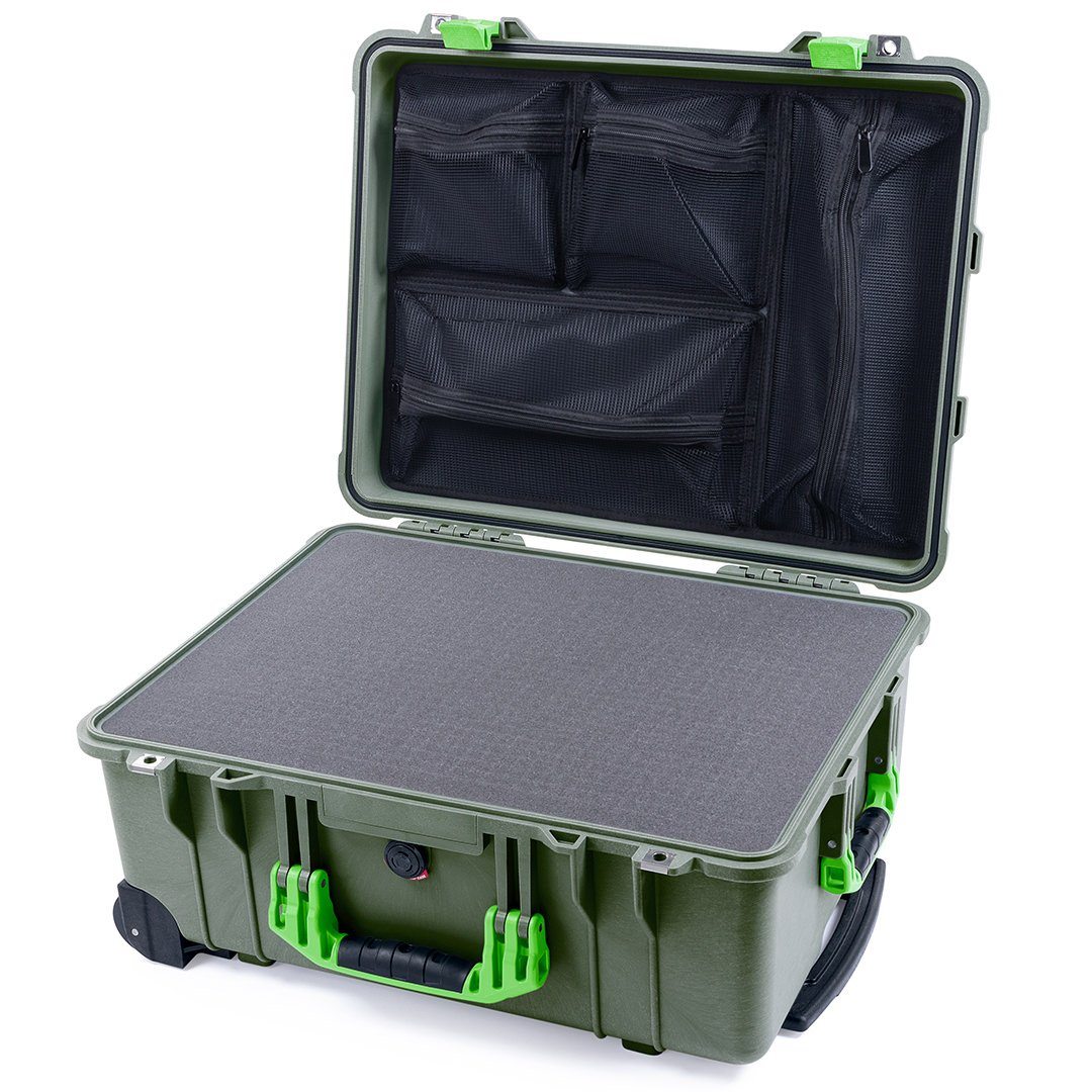 Pelican 1560 Case, OD Green with Lime Green Handles &amp; Latches Pick &amp; Pluck Foam with Mesh Lid Organizer ColorCase 015600-0101-130-300