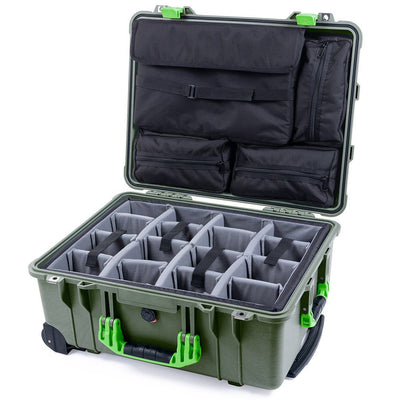 Pelican 1560 Case, OD Green with Lime Green Handles & Latches Gray Padded Microfiber Dividers with Computer Pouch ColorCase 015600-0270-130-300