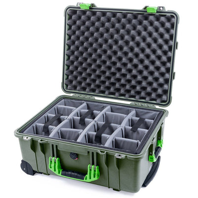 Pelican 1560 Case, OD Green with Lime Green Handles & Latches Gray Padded Microfiber Dividers with Convolute Lid Foam ColorCase 015600-0070-130-300