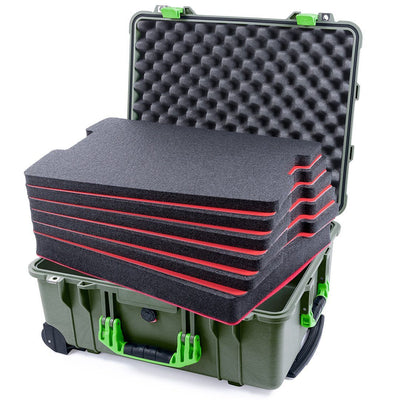 Pelican 1560 Case, OD Green with Lime Green Handles & Latches Custom Tool Kit (6 Foam Inserts with Convolute Lid Foam) ColorCase 015600-0060-130-300