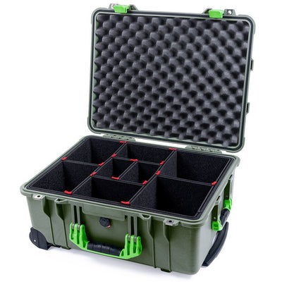 Pelican 1560 Case, OD Green with Lime Green Handles & Latches TrekPak Divider System with Convolute Lid Foam ColorCase 015600-0020-130-300
