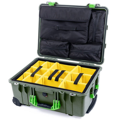 Pelican 1560 Case, OD Green with Lime Green Handles & Latches Yellow Padded Microfiber Dividers with Computer Pouch ColorCase 015600-0210-130-300