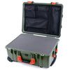 Pelican 1560 Case, OD Green with Orange Handles & Latches Pick & Pluck Foam with Mesh Lid Organizer ColorCase 015600-0101-130-150