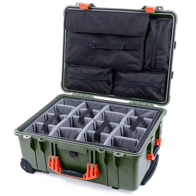 Pelican 1560 Case, OD Green with Orange Handles & Latches Gray Padded Microfiber Dividers with Computer Pouch ColorCase 015600-0270-130-150