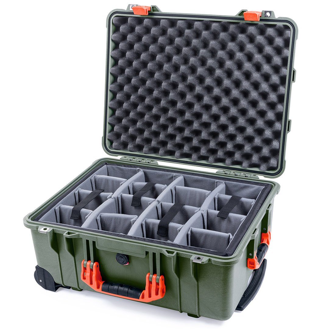 Pelican 1560 Case, OD Green with Orange Handles &amp; Latches Gray Padded Microfiber Dividers with Convolute Lid Foam ColorCase 015600-0070-130-150