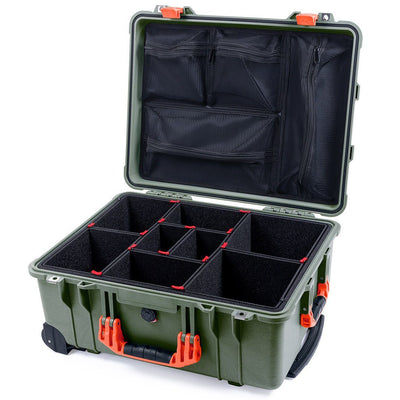 Pelican 1560 Case, OD Green with Orange Handles & Latches TrekPak Divider System with Mesh Lid Organizer ColorCase 015600-0120-130-150