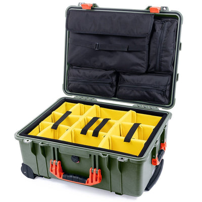 Pelican 1560 Case, OD Green with Orange Handles & Latches Yellow Padded Microfiber Dividers with Computer Pouch ColorCase 015600-0210-130-150