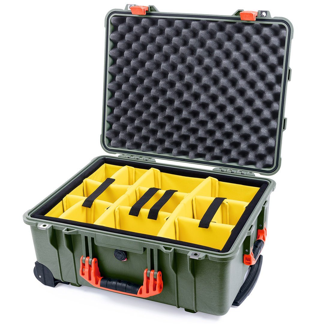Pelican 1560 Case, OD Green with Orange Handles &amp; Latches Yellow Padded Microfiber Dividers with Convolute Lid Foam ColorCase 015600-0010-130-150
