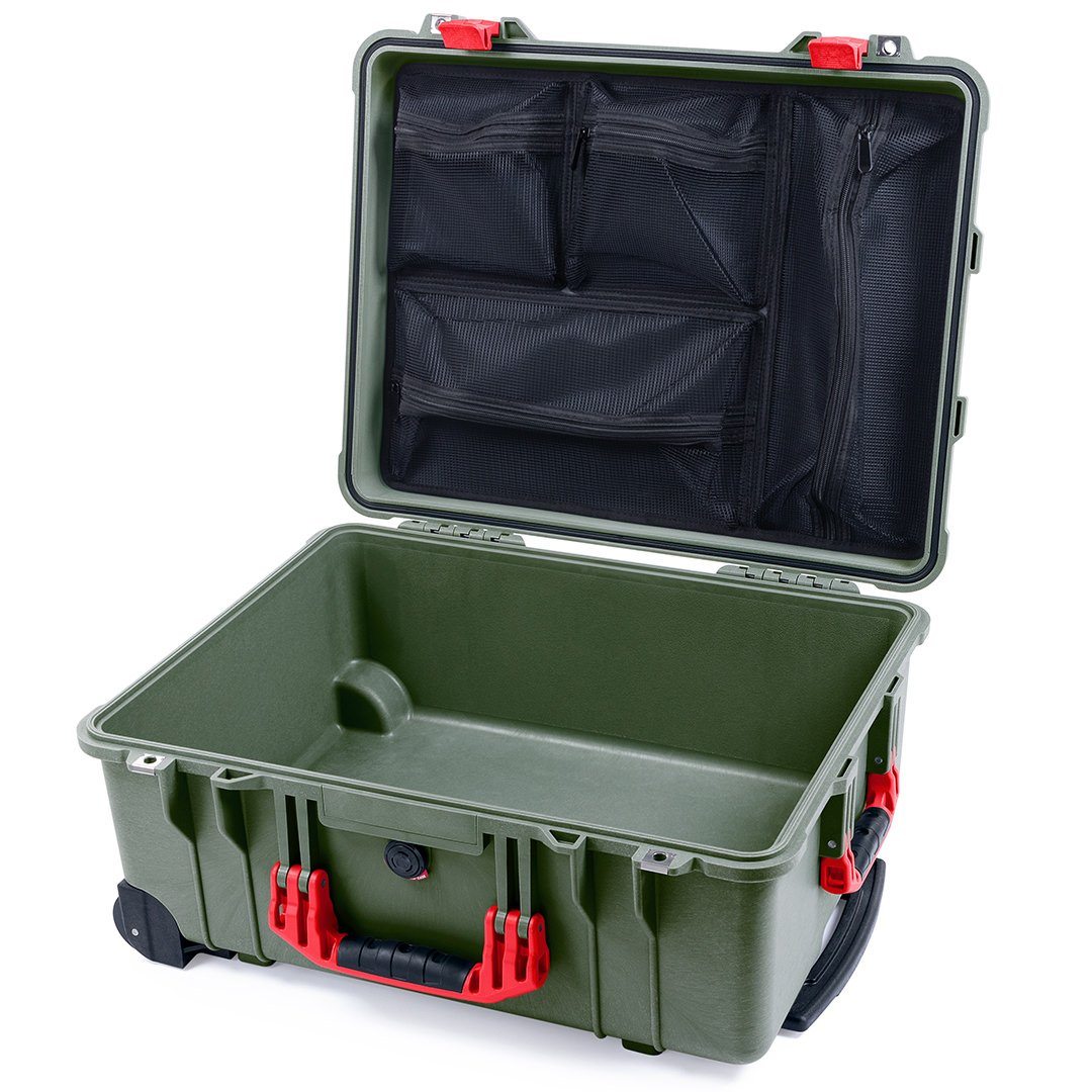 Pelican 1560 Case, OD Green with Red Handles & Latches Mesh Lid Organizer Only ColorCase 015600-0100-130-320