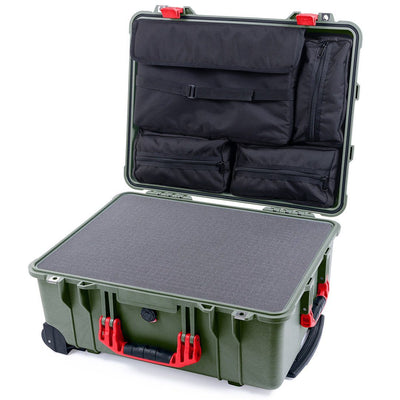 Pelican 1560 Case, OD Green with Red Handles & Latches Pick & Pluck Foam with Computer Pouch ColorCase 015600-0201-130-320
