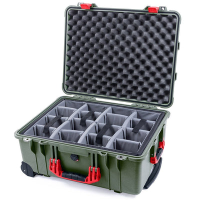 Pelican 1560 Case, OD Green with Red Handles & Latches Gray Padded Microfiber Dividers with Convolute Lid Foam ColorCase 015600-0070-130-320