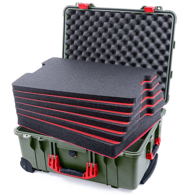 Pelican 1560 Case, OD Green with Red Handles & Latches Custom Tool Kit (6 Foam Inserts with Convolute Lid Foam) ColorCase 015600-0060-130-320