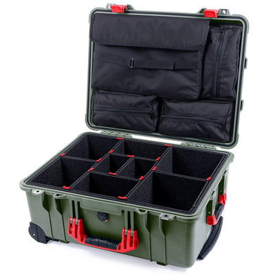 Pelican 1560 Case, OD Green with Red Handles & Latches TrekPak Divider System with Computer Pouch ColorCase 015600-0220-130-320