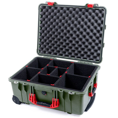 Pelican 1560 Case, OD Green with Red Handles & Latches TrekPak Divider System with Convolute Lid Foam ColorCase 015600-0020-130-320