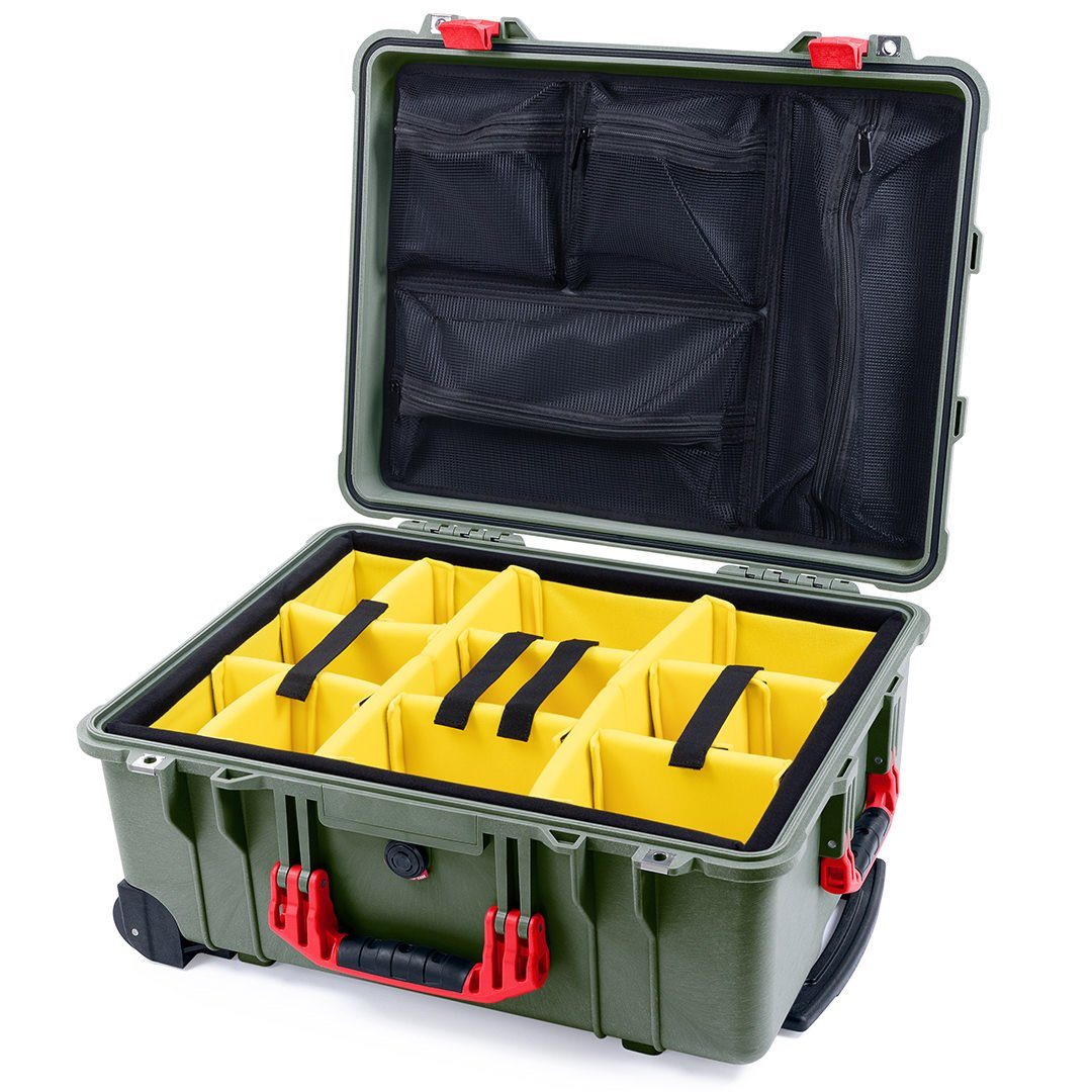Pelican 1560 Case, OD Green with Red Handles &amp; Latches Yellow Padded Microfiber Dividers with Mesh Lid Organizer ColorCase 015600-0110-130-320